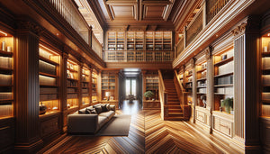 Bibliothèque galerie en bois noble avec mezzanine, finition transparente préservant l'esthétique naturelle du bois traité ignifuge