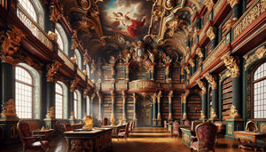Intérieur baroque somptueux de la bibliothèque Joanina de Coimbra avec dorures, boiseries précieuses et plafonds en trompe-l'œil, XVIIIe siècle
