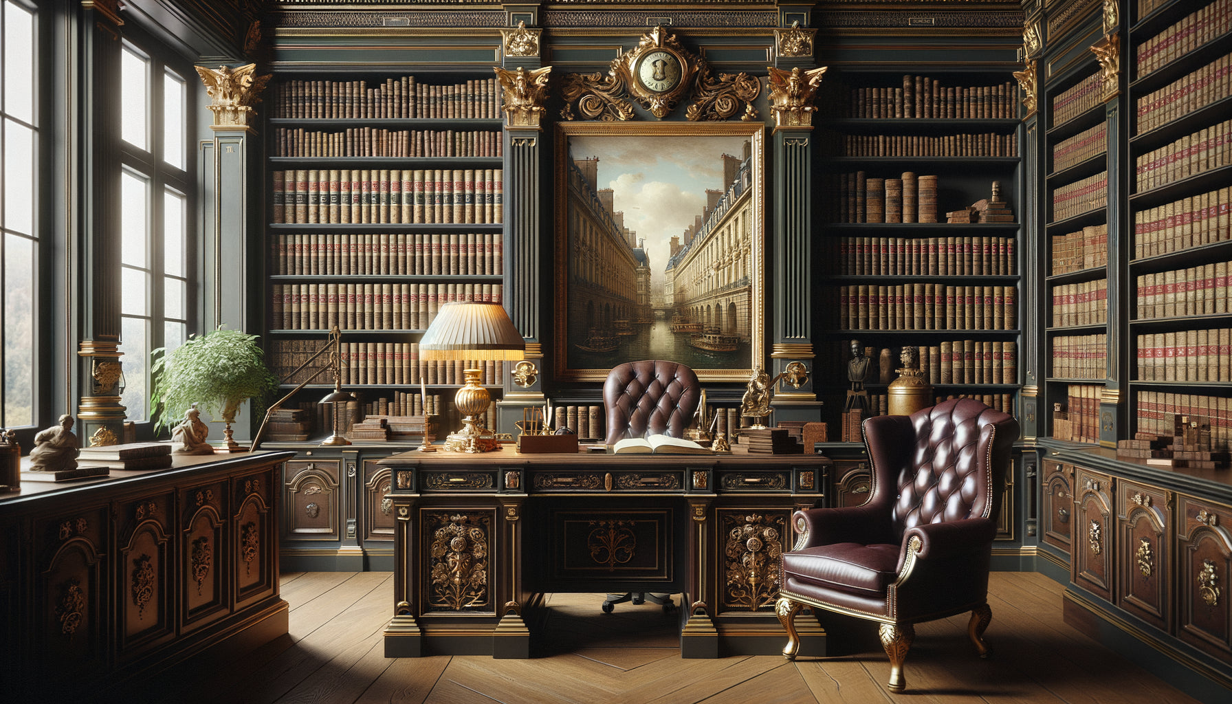 Bibliothèque juridique de cabinet notarial avec rayonnages en chêne, codes reliés cuir et tableau architectural classique encadré