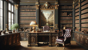 Bibliothèque juridique de cabinet notarial avec rayonnages en chêne, codes reliés cuir et tableau architectural classique encadré