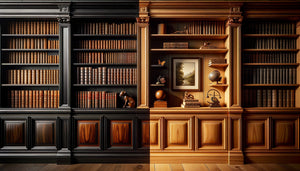 Comparaison photographique entre bibliothèque laquée brillante et bibliothèque cirée mate exposant livres et œuvres d'art précieux