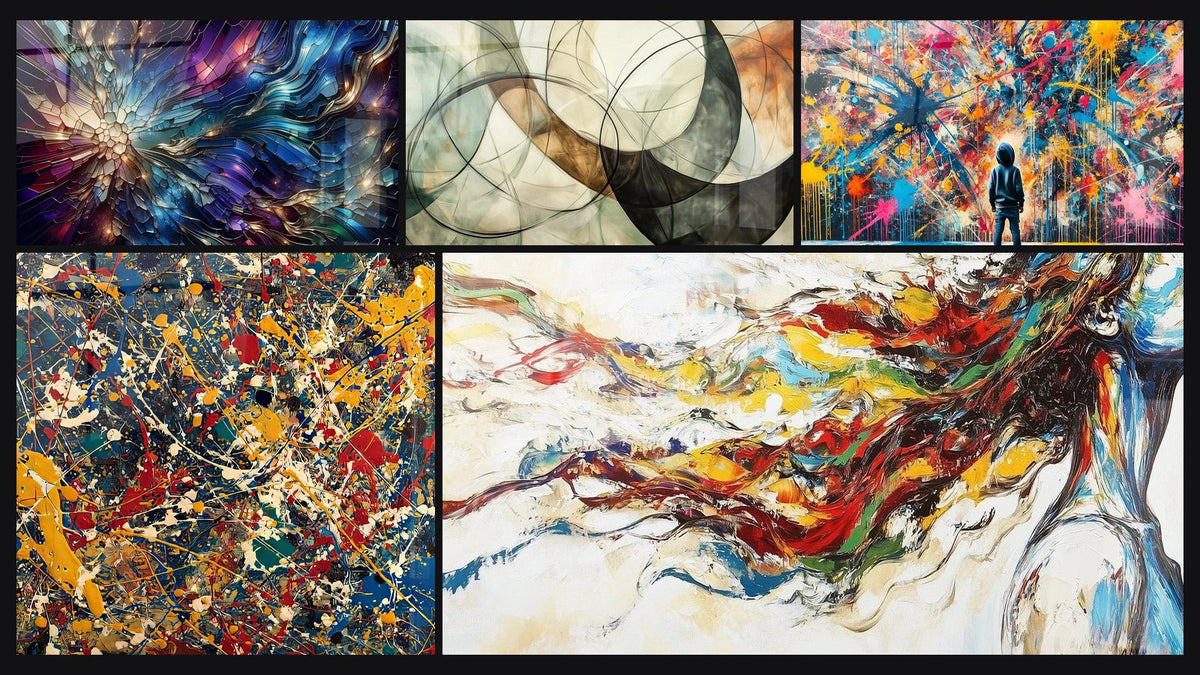 Mozaïek van vijf schilderijen, waaronder Tafel Scherven van Glas-in-lood, Explosie van kleuren en Moderne Muurschildering