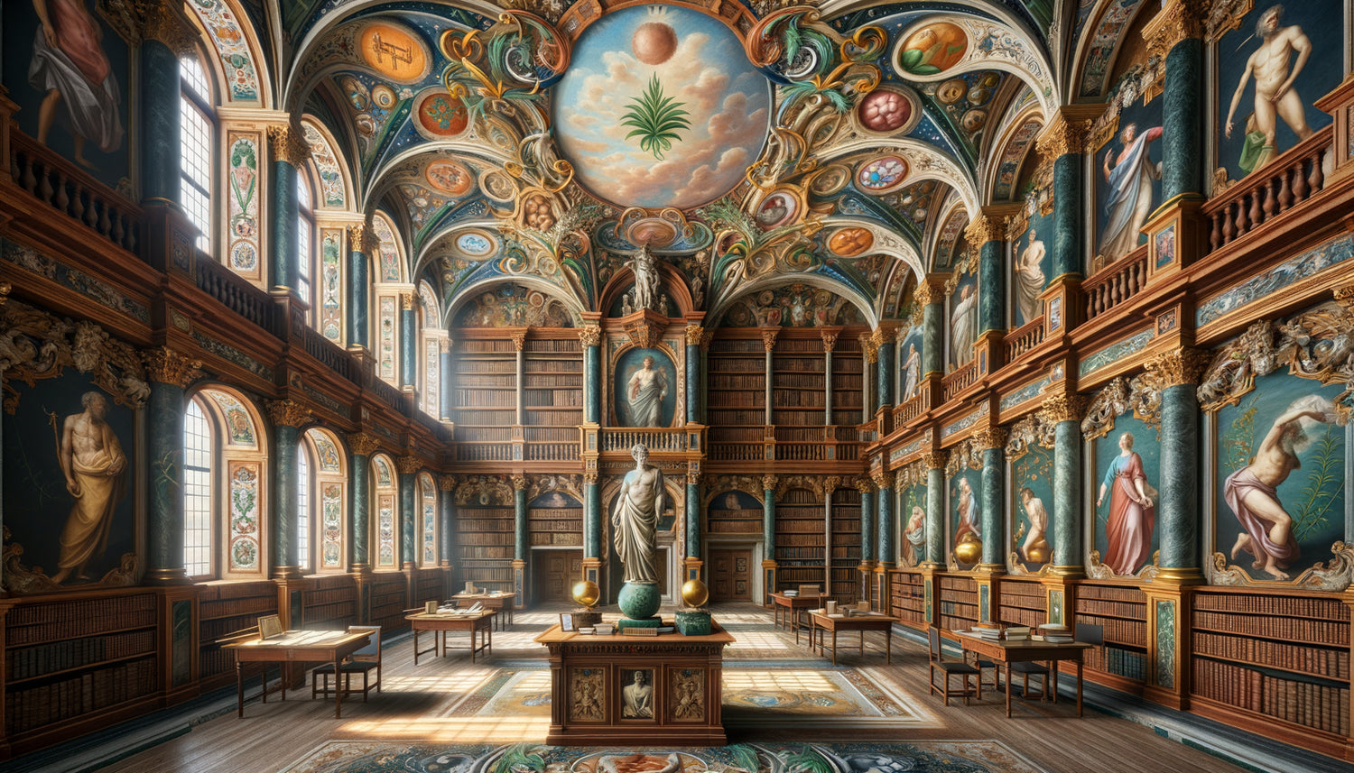 Bibliothèque médicale Renaissance avec fresques symboliques colorées, voûtes bleues célestes et motifs verts botaniques