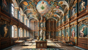 Bibliothèque médicale Renaissance avec fresques symboliques colorées, voûtes bleues célestes et motifs verts botaniques