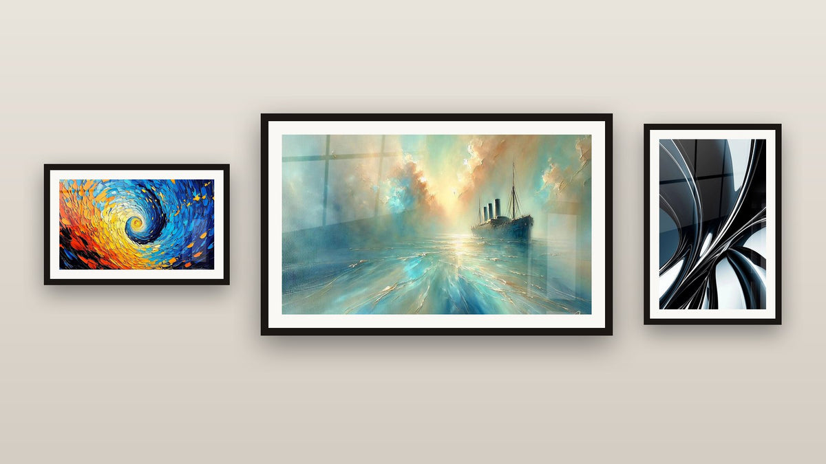 Gallery wall with three framed paintings: Colorful Cosmic Spiral, Metallic chrome spiral and Heart of the Breeze