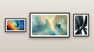 Galerijwand met drie ingelijste schilderijen, waaronder Kleurrijke kosmische spiraal en In het Hart van de Bries