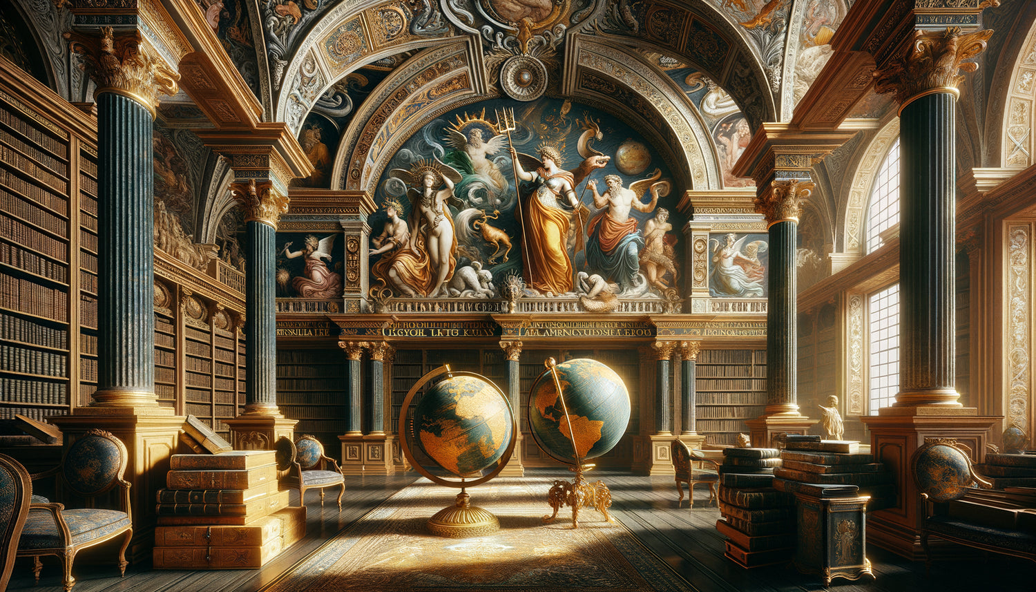Fresque Renaissance dans bibliothèque du 16e siècle représentant allégories des continents avec cartographies ornementales et monstres marins