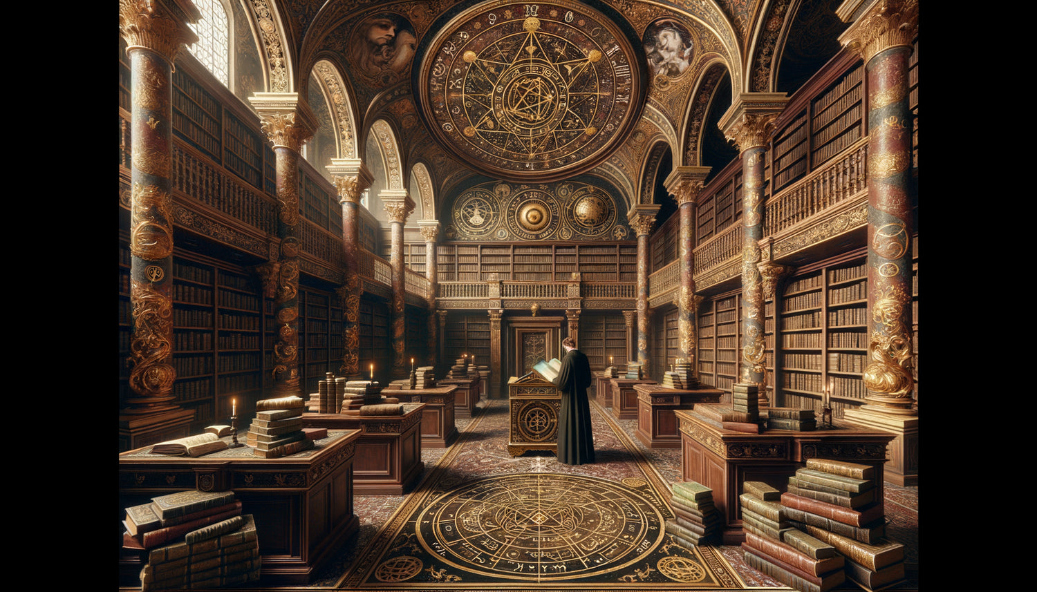 Fresque Renaissance de bibliothèque avec symboles alchimiques et ésotériques dissimulés dans l'architecture et les ornements