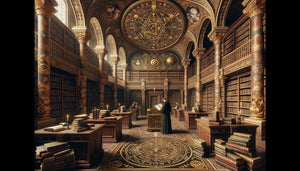 Fresque Renaissance de bibliothèque avec symboles alchimiques et ésotériques dissimulés dans l'architecture et les ornements