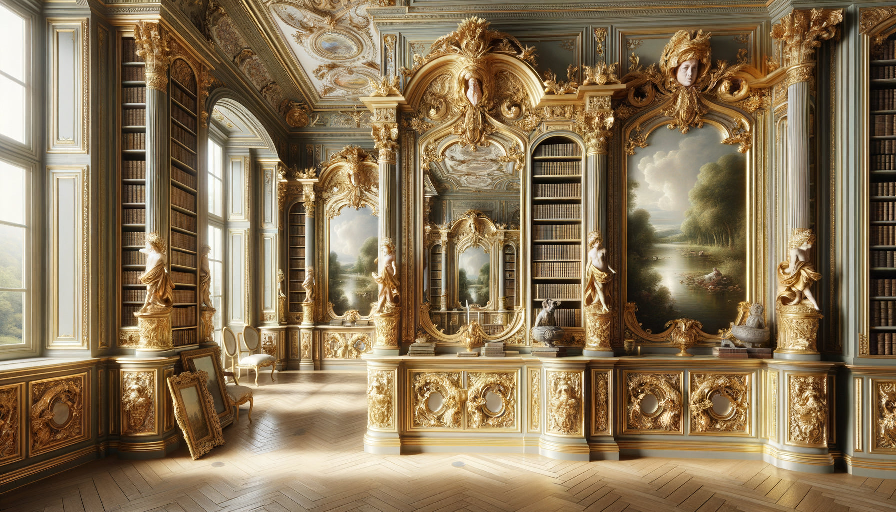 Bibliothèque rococo du XVIIIe siècle avec miroirs ornementés intégrant des peintures dans des boiseries dorées sculptées