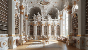 Bibliothèque rococo du 18ème siècle avec ornements délicats dorés et blancs, boiseries raffinées et décoration légère