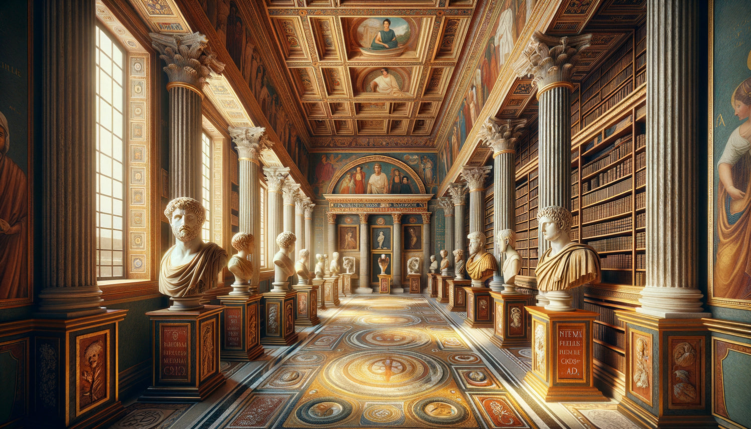 Bibliothèque romaine antique avec bustes et portraits d'auteurs classiques exposés aux côtés de statues divines