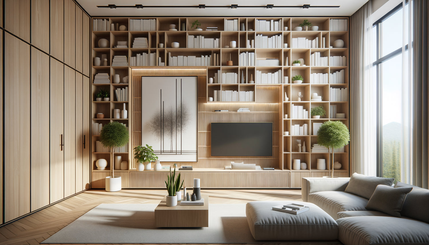 Bibliothèque télé intégrée contemporaine avec éléments verticaux stratégiques équilibrant l'horizontalité du meuble