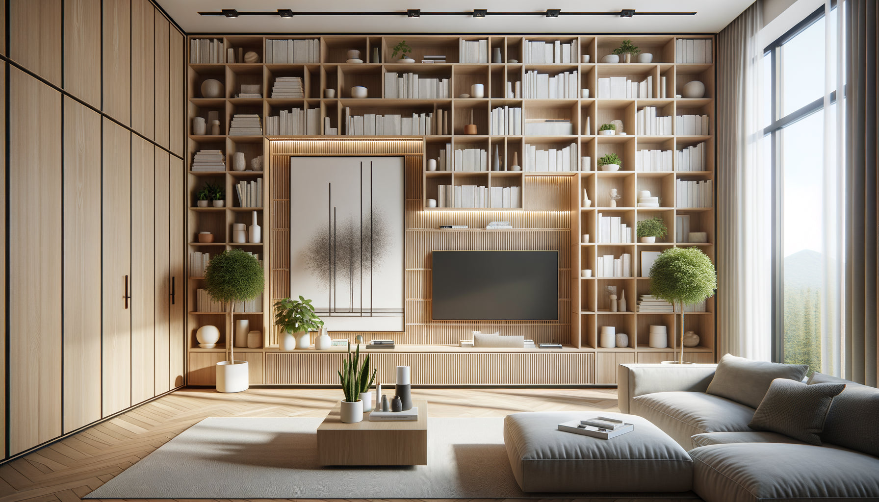Bibliothèque télé intégrée contemporaine avec éléments verticaux stratégiques équilibrant l'horizontalité du meuble