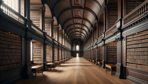 Intérieur de bibliothèque Christopher Wren à Oxford, architecture classique britannique 17ème siècle, sobriété décorative avec bois noble et lumière naturelle