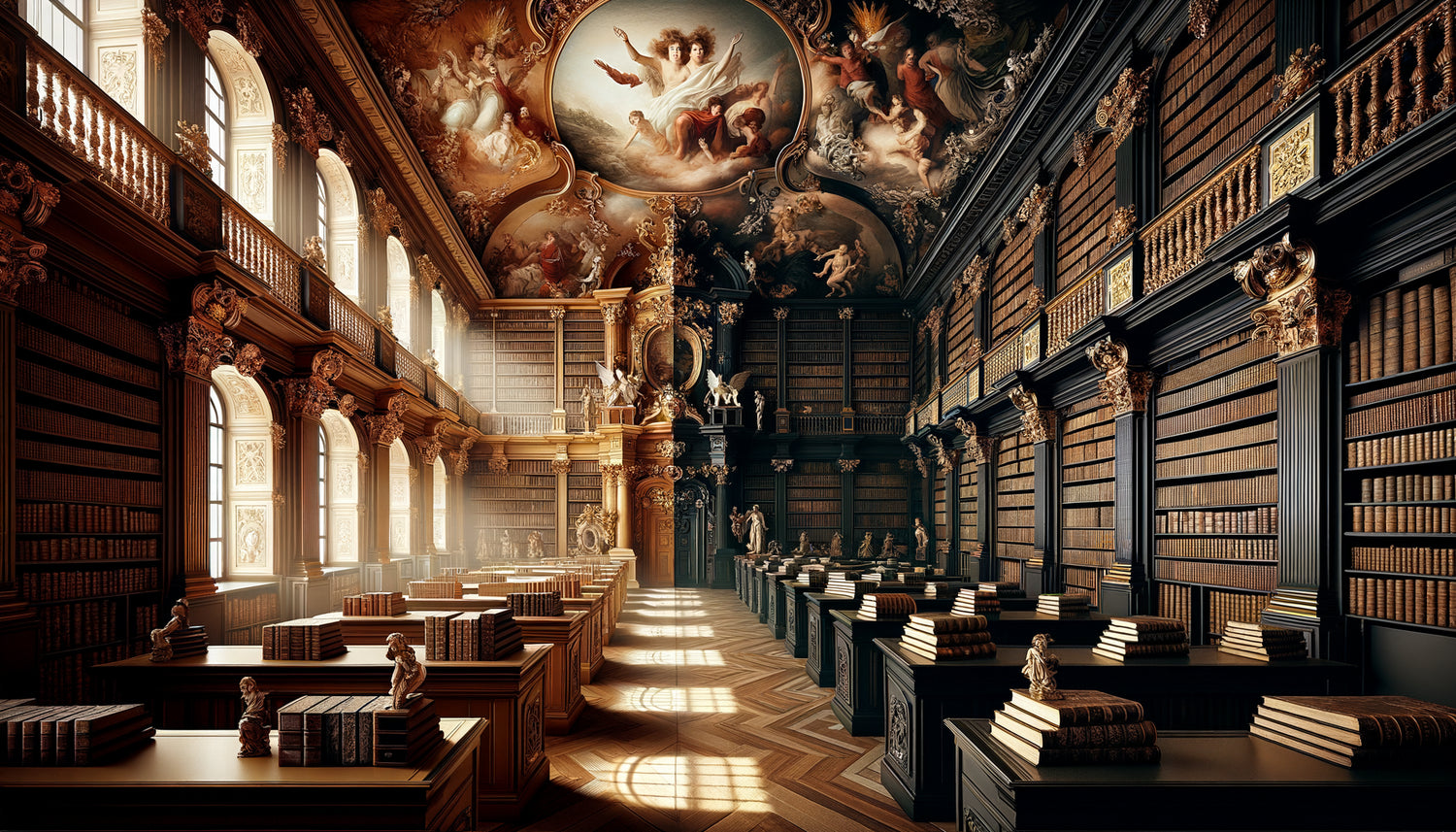 Comparaison entre bibliothèque catholique baroque ornée de fresques dorées et bibliothèque protestante sobre aux boiseries épurées, 18ème siècle