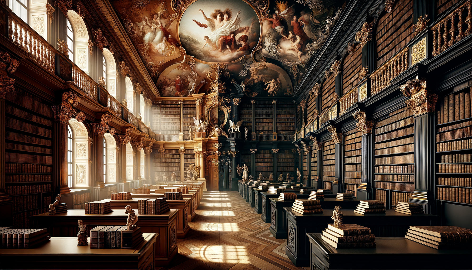 Comparaison entre bibliothèque catholique baroque ornée de fresques dorées et bibliothèque protestante sobre aux boiseries épurées, 18ème siècle