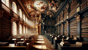 Comparaison entre bibliothèque catholique baroque ornée de fresques dorées et bibliothèque protestante sobre aux boiseries épurées, 18ème siècle