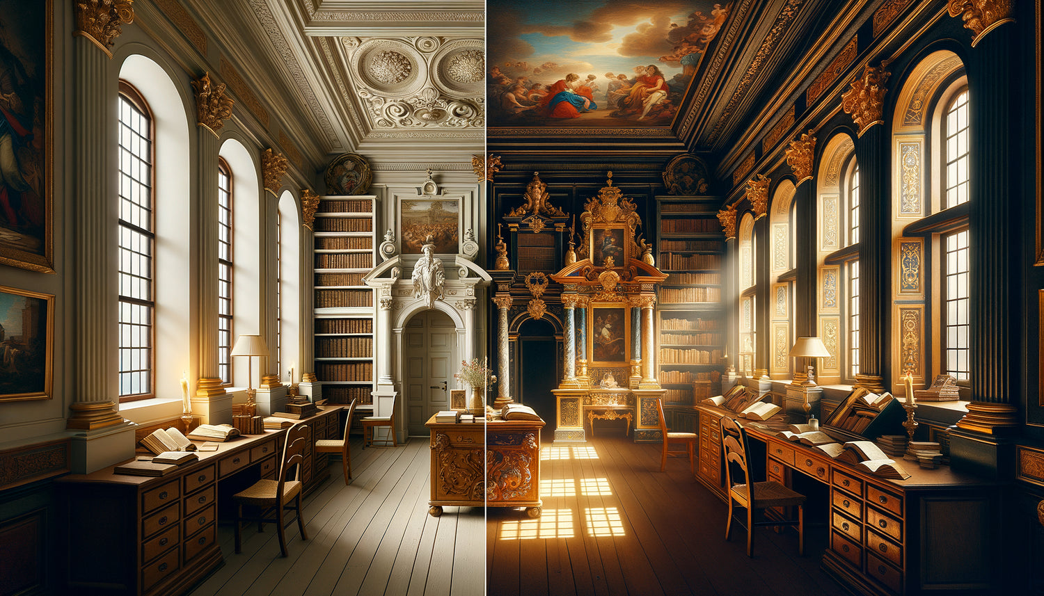 Comparaison visuelle entre bibliothèque néerlandaise dépouillée et cabinet italien baroque du 17ème siècle