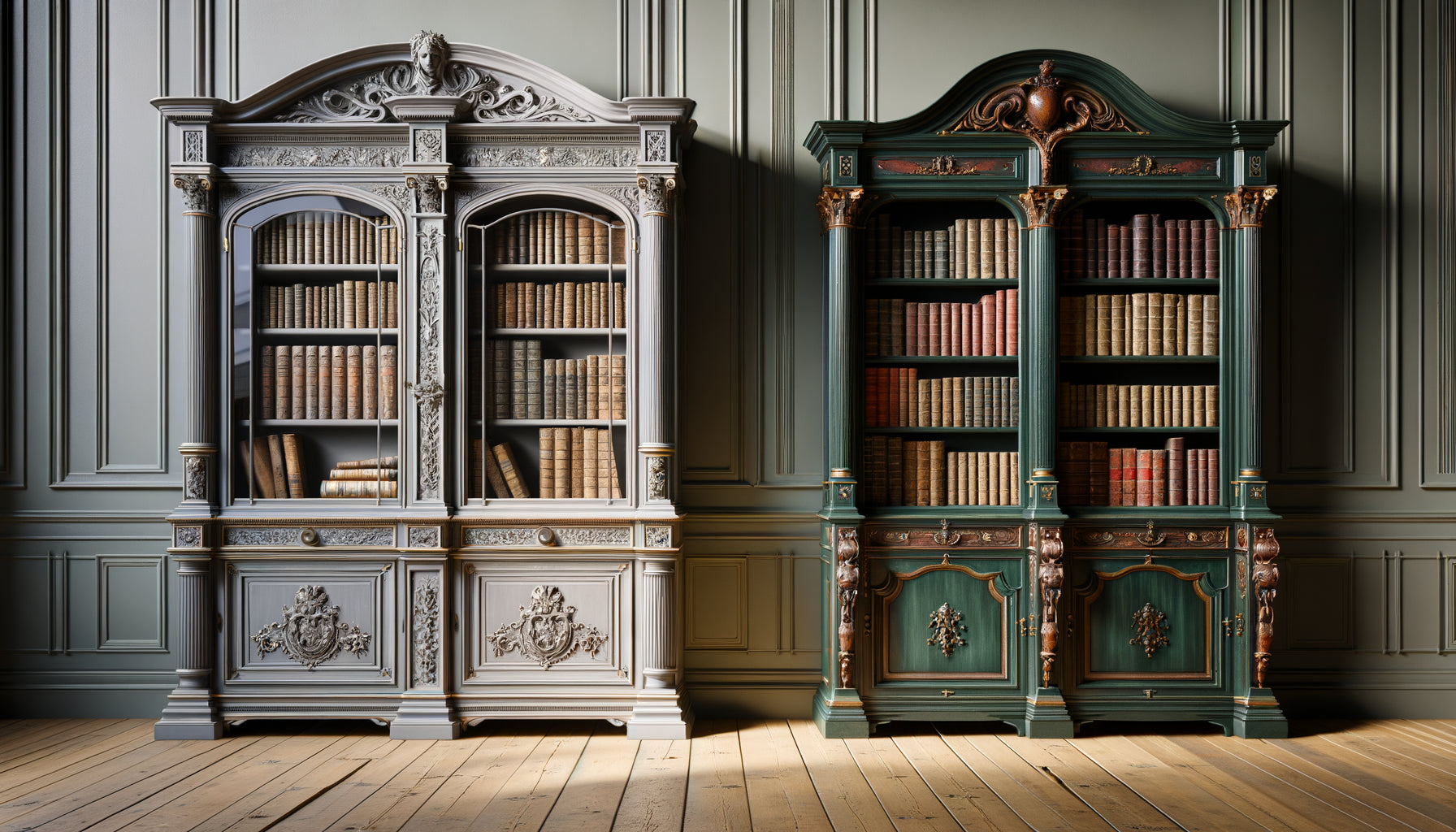 Bibliothèques anciennes peintes : style gustavien gris-bleu scandinave et style victorien vert profond anglais, meubles d'époque authentiques