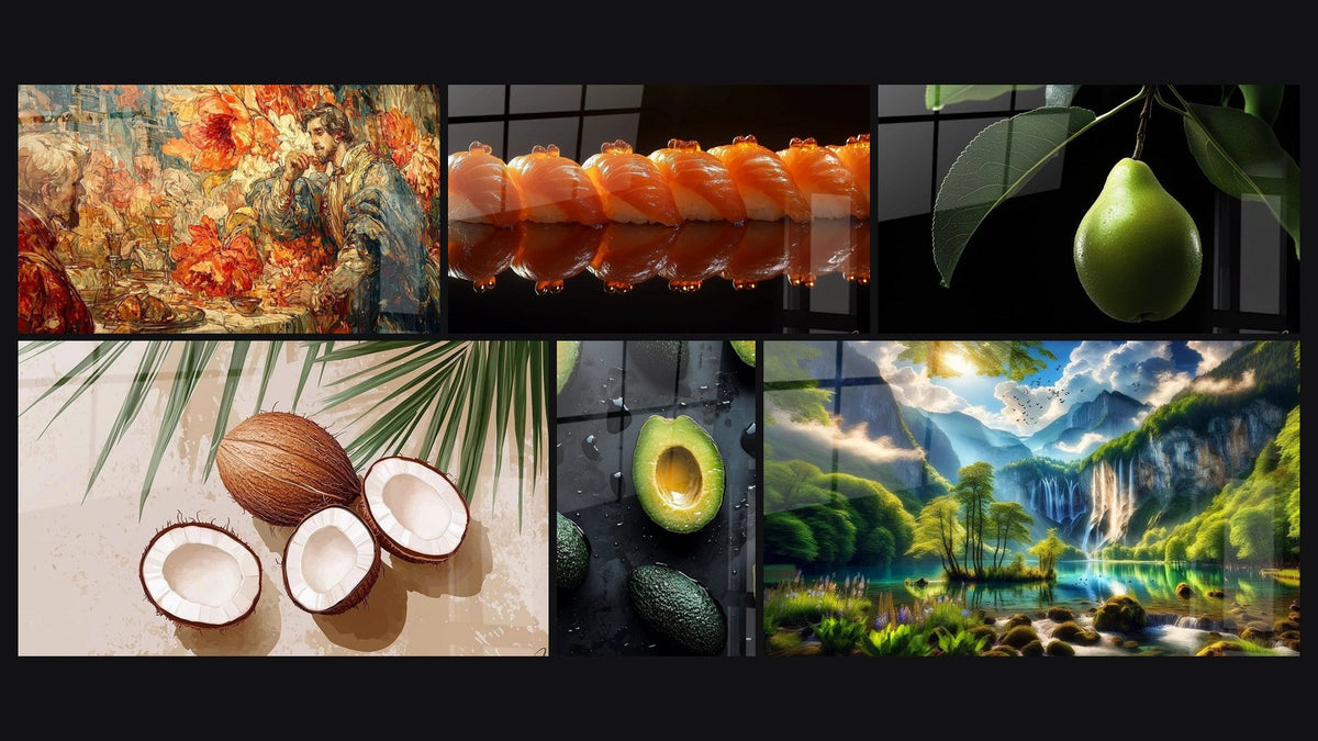 Mosaic of six paintings, including Banquet Warm Conviviality, Sushi Wall Art No. 2 and Coconut Wall Art N°2