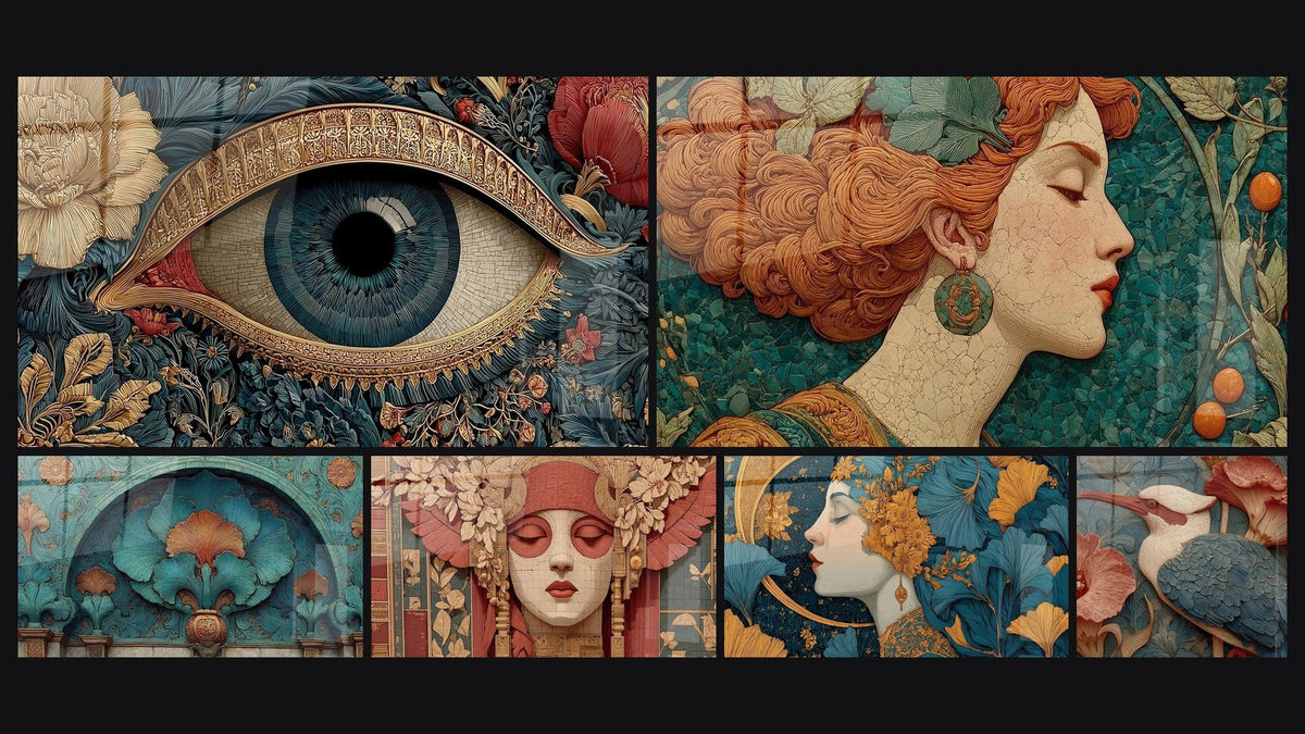 Mosaïque de six tableaux, dont Œil Miroir des Âmes, Architecture Palais Aquatique et Visage Ailé Déesse Architecturale