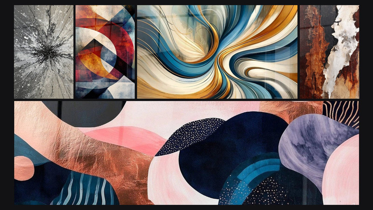 Mosaic of five paintings, including Circular geometric shapes, Undulating Symbiosis Coral and Elegant Spirals