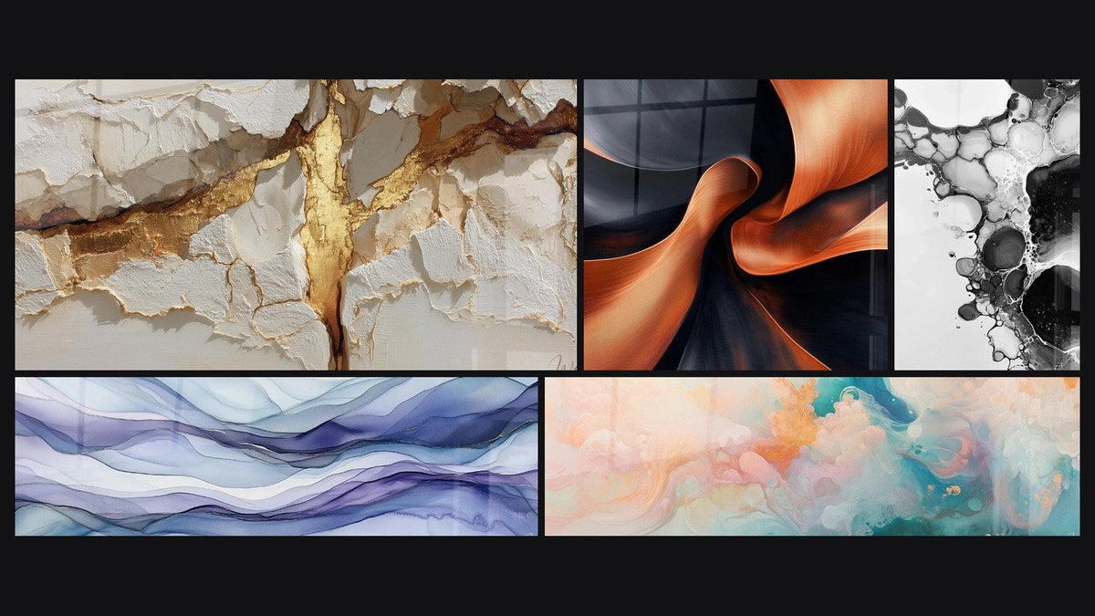 Mosaïque de cinq tableaux, dont Élan Sculptural Cuivré, Bulles abstraites et Nappes Oniriques Pervenche