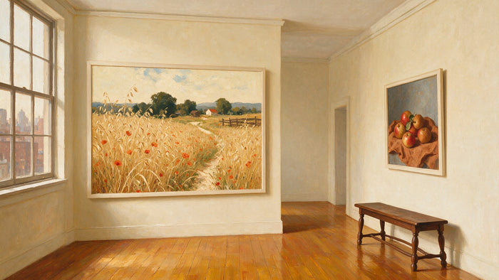 Une salle d'exposition vide d'une maison de ventes, avec un paysage de champ de coquelicots et une nature morte aux pommes accrochés au mur