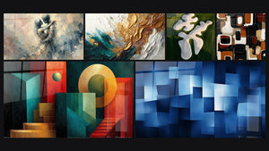 Mosaïque de six tableaux, dont Entre Nous, Trace en Or et Jade et Géométrie Abstraction Pure