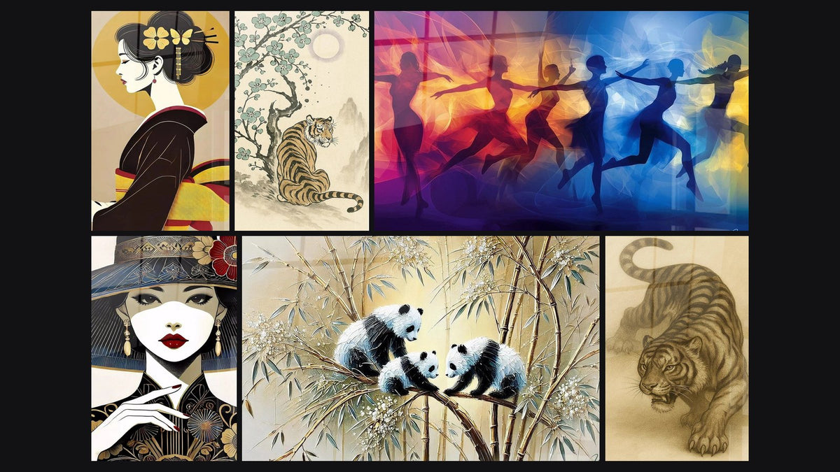 Mosaico di sei quadri, tra cui Grazia del Kimono, Eleganza Orientale e Guardiani del Bambù