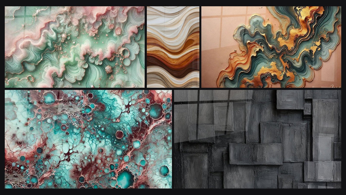 Mosaico de cinco cuadros, entre ellos Bruma Esmeralda, Ondas Fluidas Tierra y Cobre y Esencia de Granate