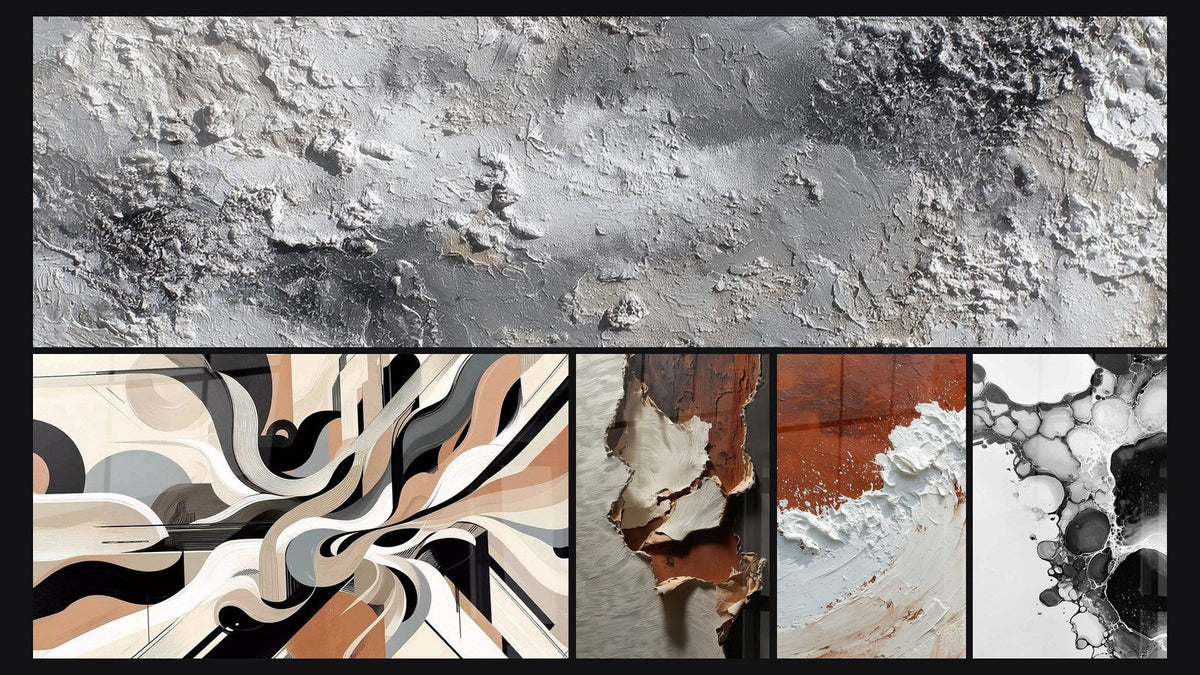 Mosaico di cinque quadri, tra cui Vibrazioni Grafiche, Astratto Terra e Bianco con Spessa Materia e Bolle astratte di