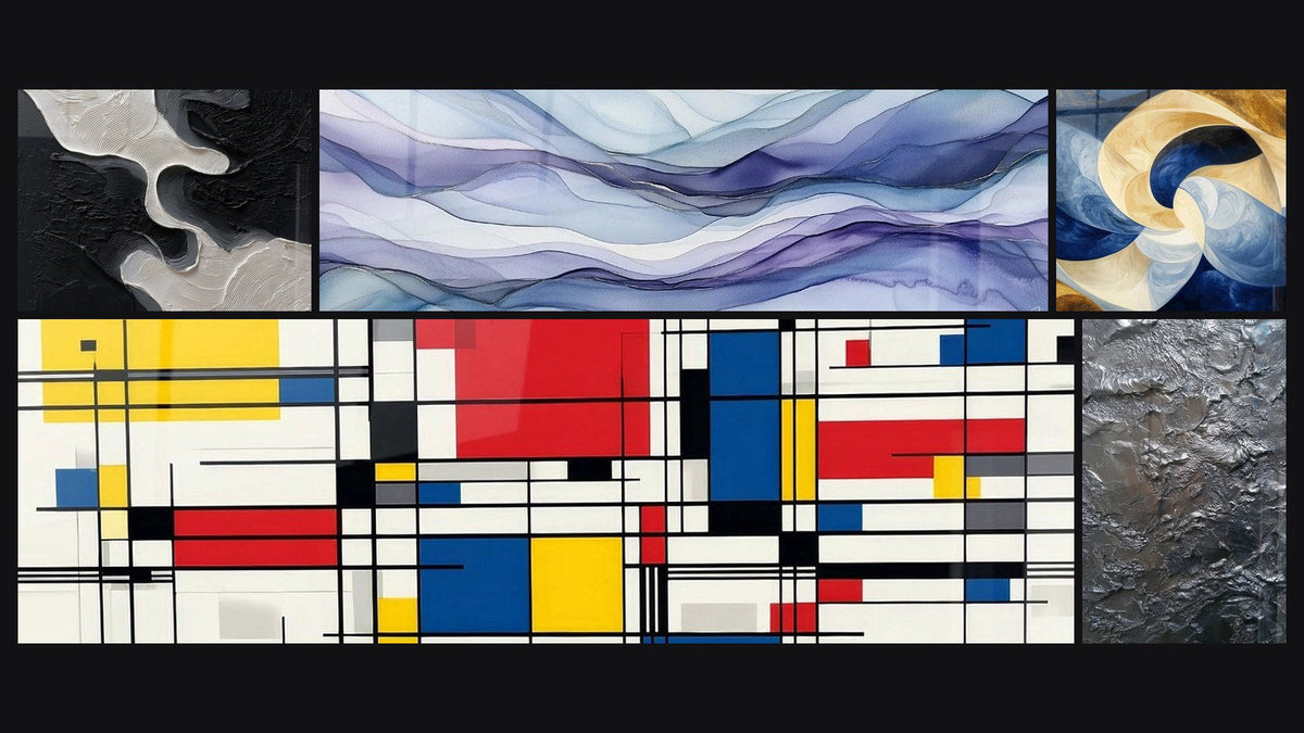 Mosaïque de cinq tableaux, dont Nappes Oniriques Pervenche, Composition géométrique et Souffle Divin Blanc