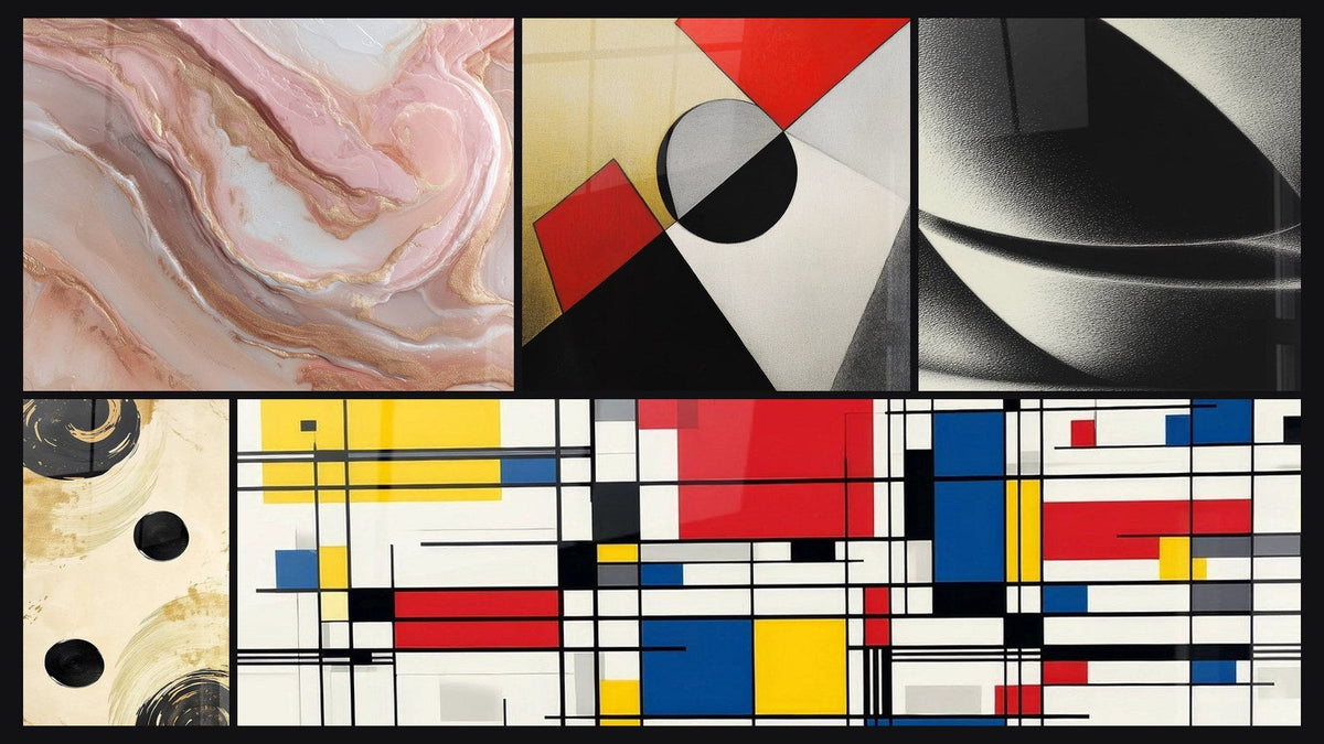 Mosaic of five paintings, including Black Sphere Balance, Geometric Composition and Colorful geometric shapes