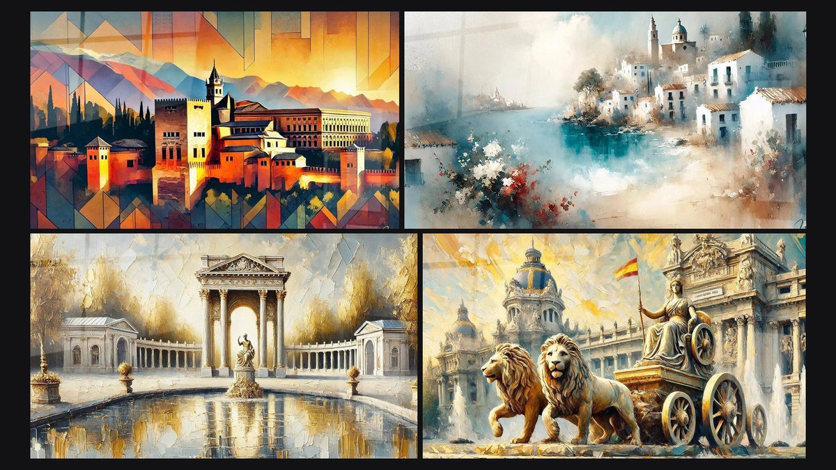 Mosaïque de quatre tableaux, dont Grenade N°1, Espagnol N°1 et Madrid N°1