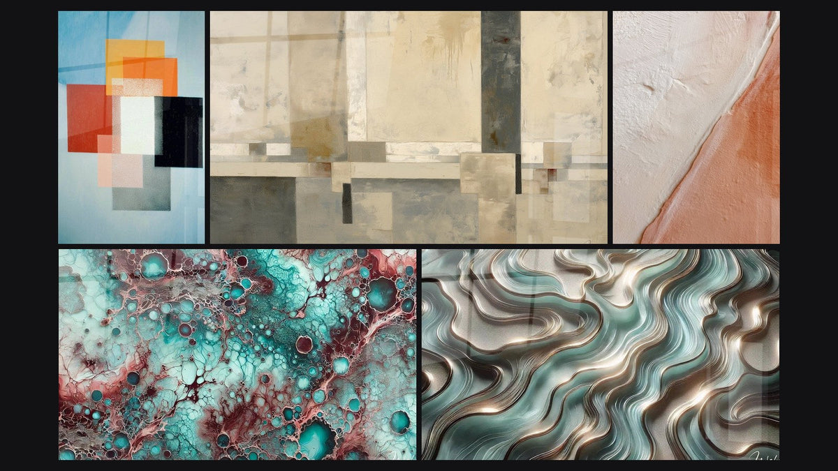 Mosaic of five paintings, including Geometric Shapes Functional Contrast and Beige and Gray Geometric Composition