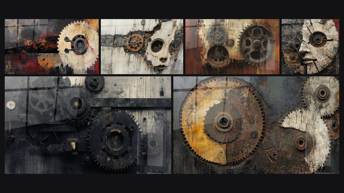 Mosaïque de six tableaux, dont Engrenage industriel abstrait, Mécanismes industriels et Visage cybernétique