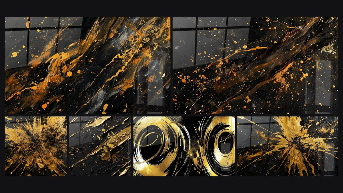 Mosaico di sei quadri, tra cui Movimenti Fluidi Dorati su Fondo Scuro e Esplosione Dorata Radiale su Fondo Scuro