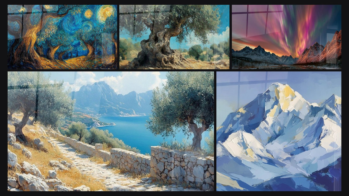 Mosaico di cinque quadri, tra cui Albero cosmico di, Sentiero d'Ulivo e Ulivo Millenario