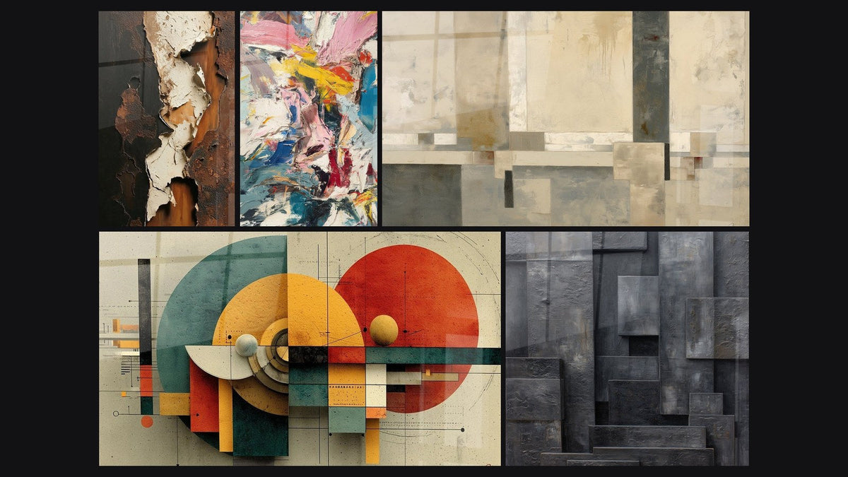Mosaik aus fünf Gemälden, darunter Geometrische Komposition Beige und Grau