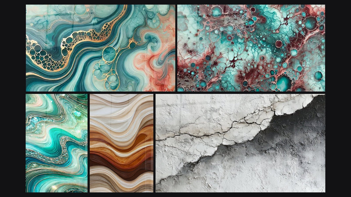 Mosaik aus fünf Gemälden, darunter Gezeitenwelle Aquarell, Essenz des Granats und Kristalline Wellen
