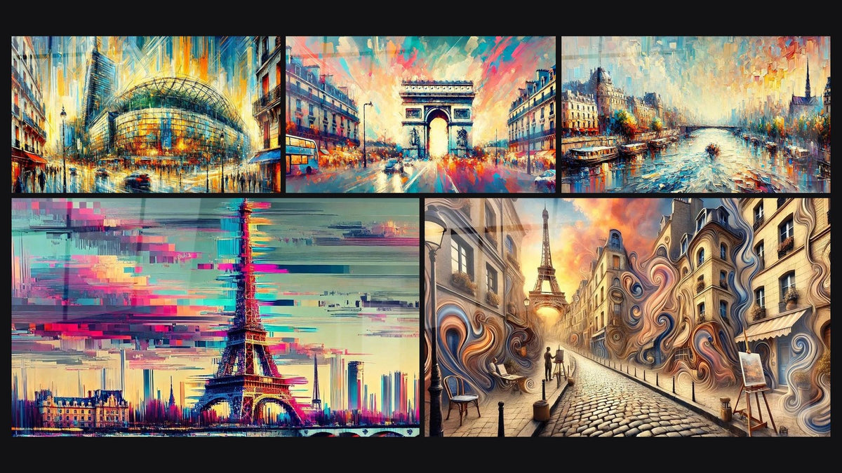Mosaic of five paintings, including The Seine Wall Art No.1 and Paris Wall Art No. 3