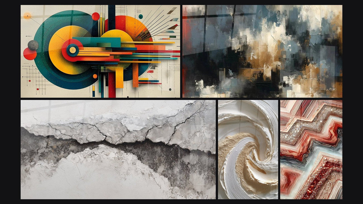 Mosaïque de cinq tableaux, dont Géométrique Énergie Concentrique et Chaos Organisé