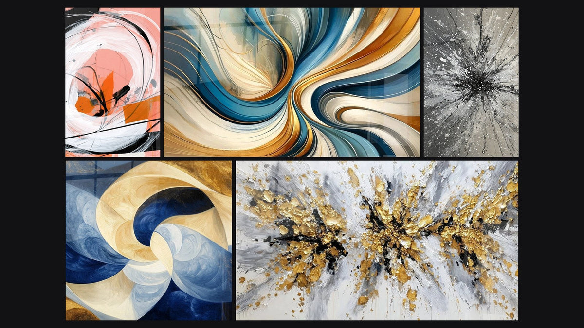 Mosaik aus fünf Gemälden, darunter Göttlicher Hauch Weiß und Elegante Spiralen