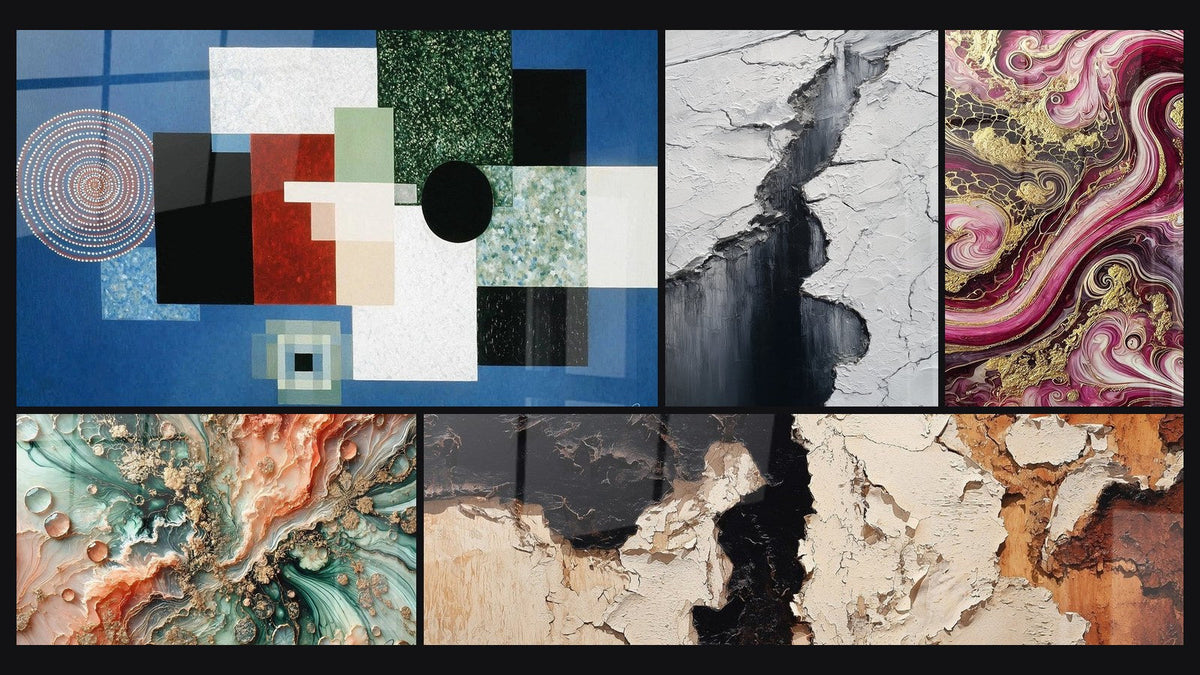 Mosaïque de cinq tableaux, dont Composition Géométrique Ordre Rationnel, Rêve Coralien et Crevasse Glaciaire Gris et Noir