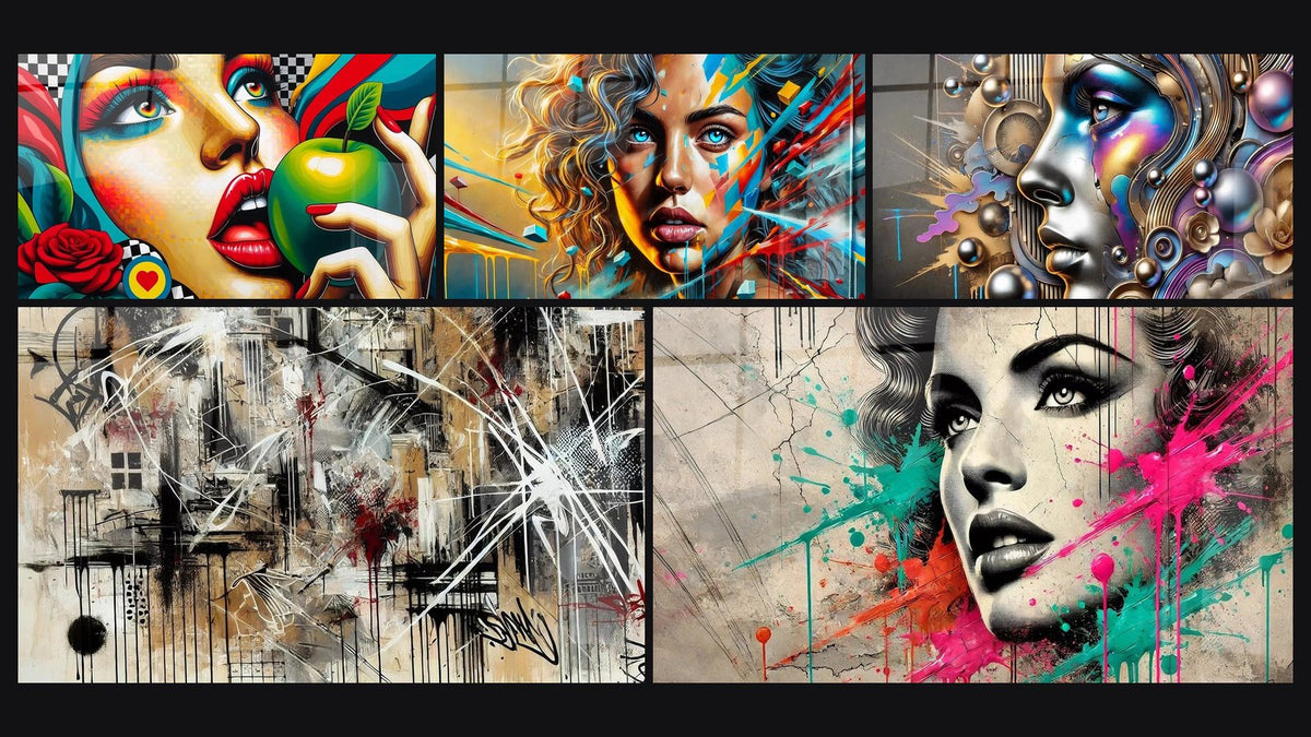 Mosaic of five paintings, including Modern Temptation, Wall Memory and The Chaos Mask