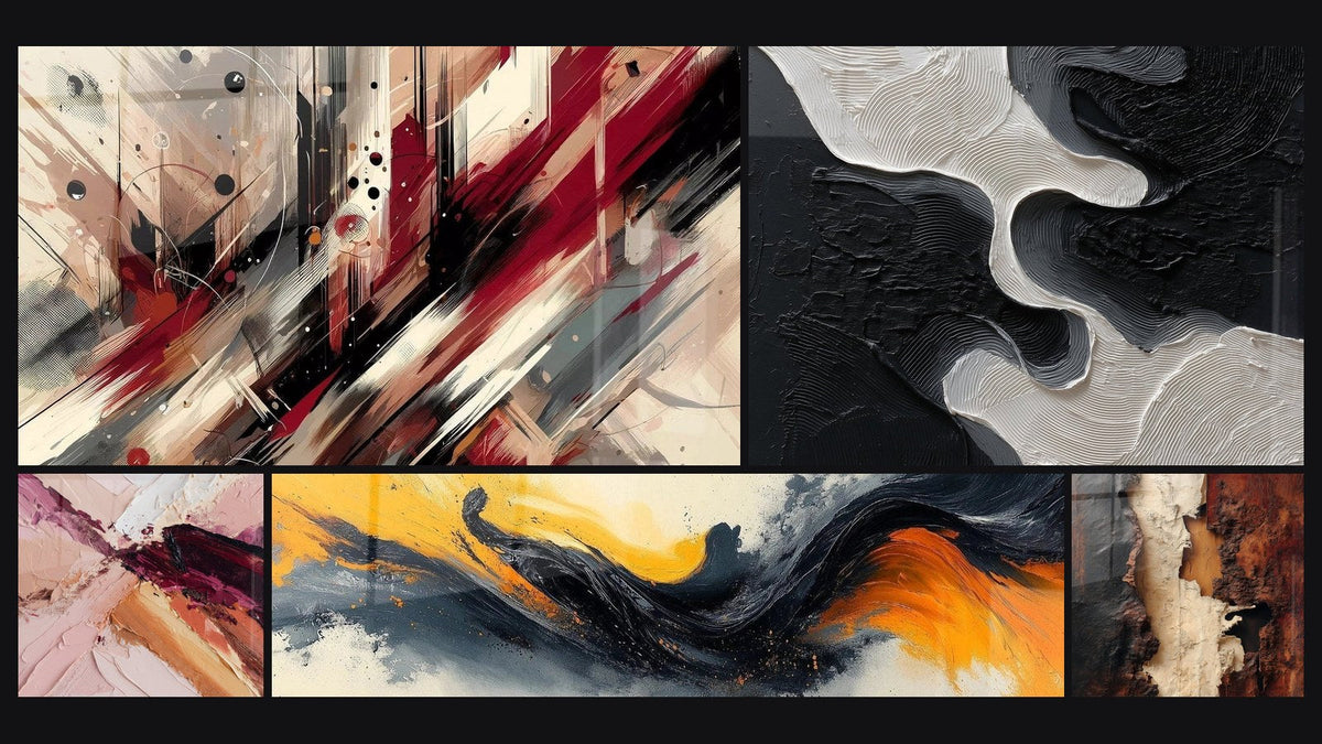Mosaico di cinque quadri, tra cui Turbulenza Artistica, Astratto con tocchi rosa, viola e arancio e Sinfonia Contrastata Nero
