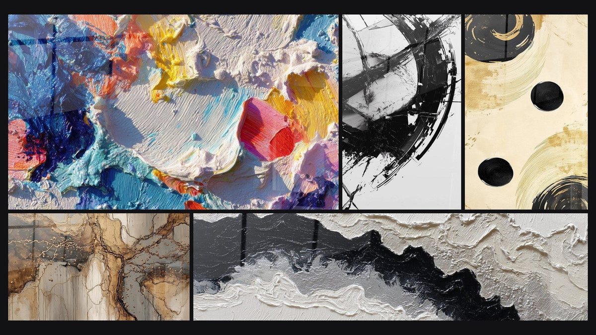 Mosaïque de cinq tableaux, dont Peinture abstraite, La Brisure du Temps et Équilibre Sphère Noir