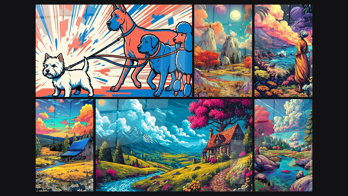 Mosaic of six paintings, including Multicolor Dogs Comic Style, Fantastic Landscape and Contemplative Monk by the Ocean